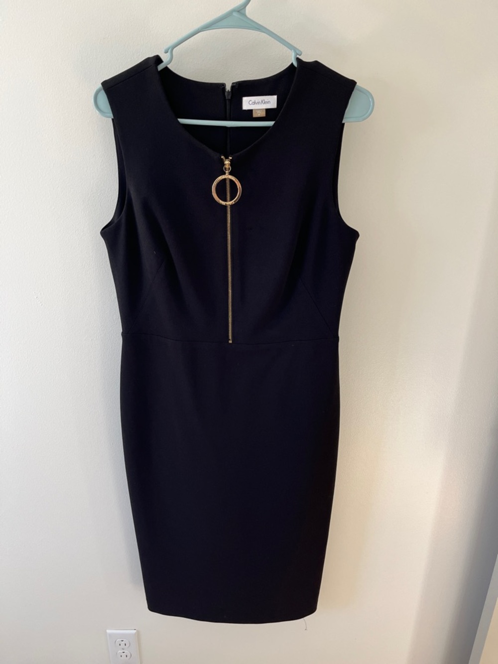 Calvin Klein Black Midi Sheath Dress with Gold Ring Zip